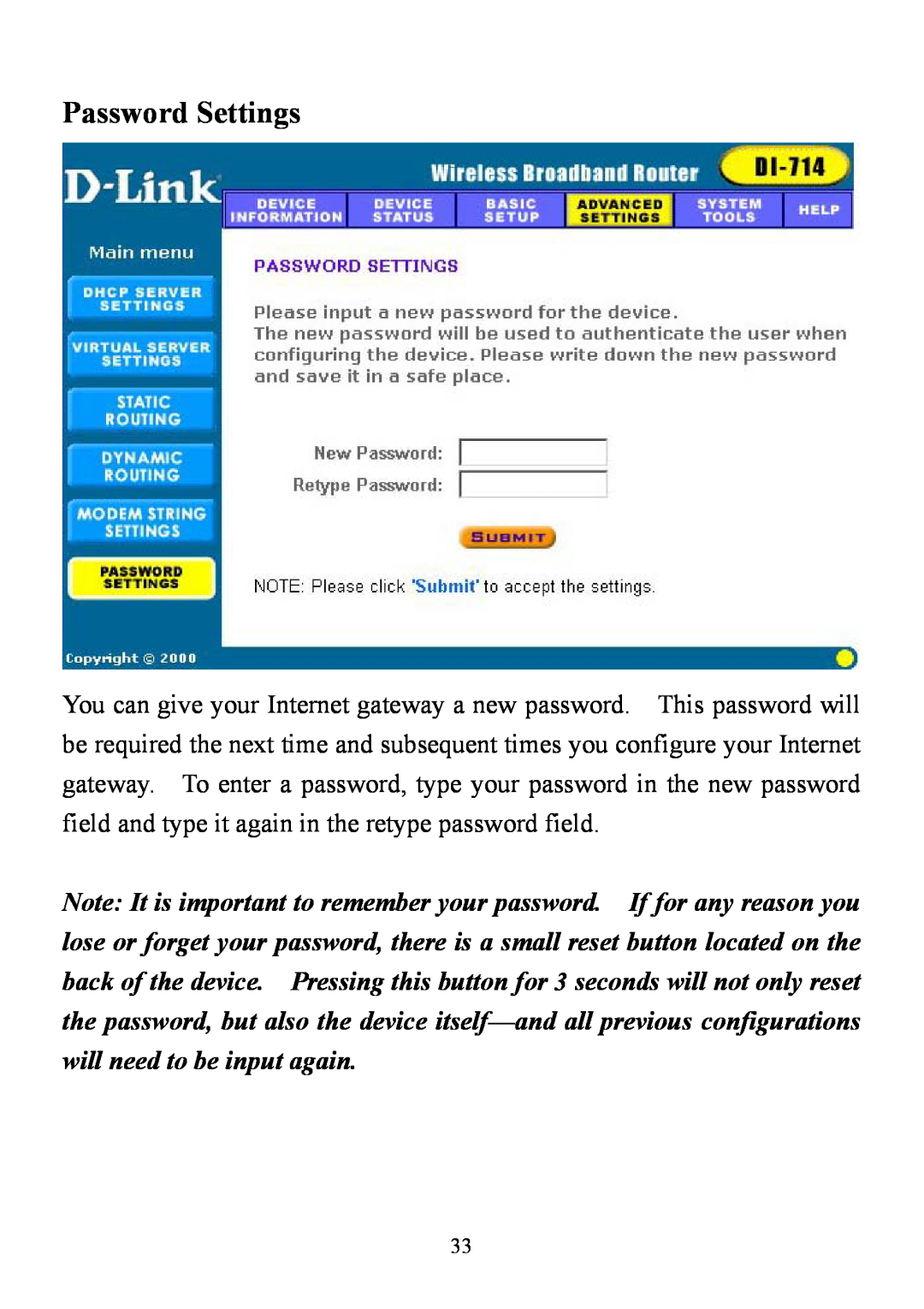 D-Link DI-714 user manual Password Settings 