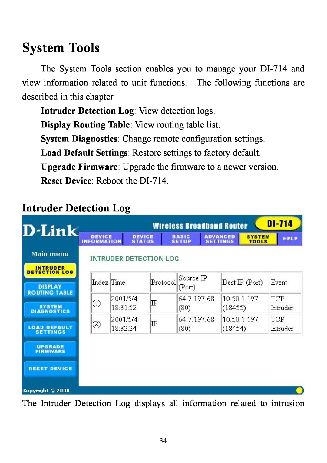 D-Link DI-714 user manual System Tools, Intruder Detection Log View detection logs 