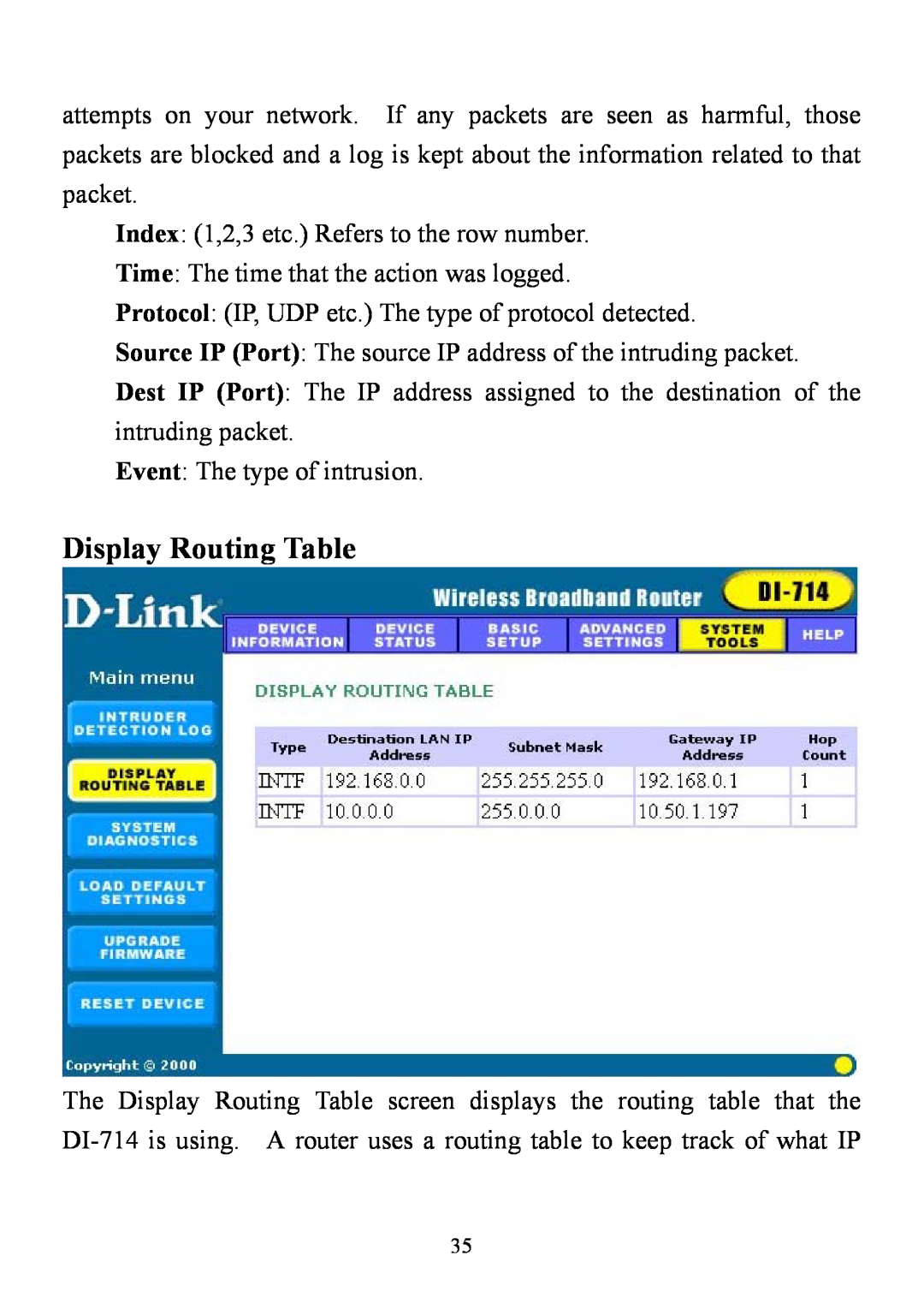 D-Link DI-714 user manual Display Routing Table 