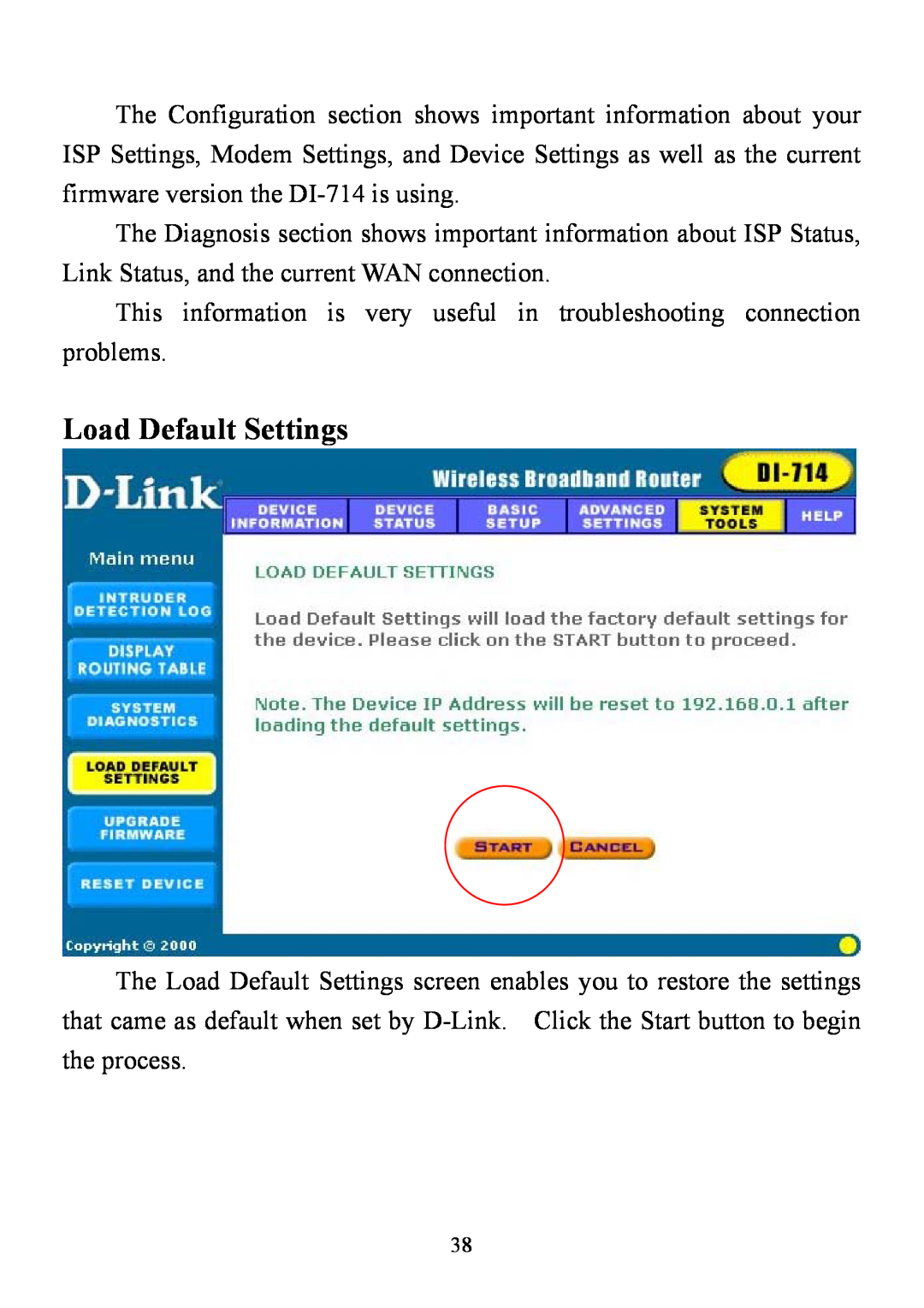 D-Link DI-714 user manual Load Default Settings 