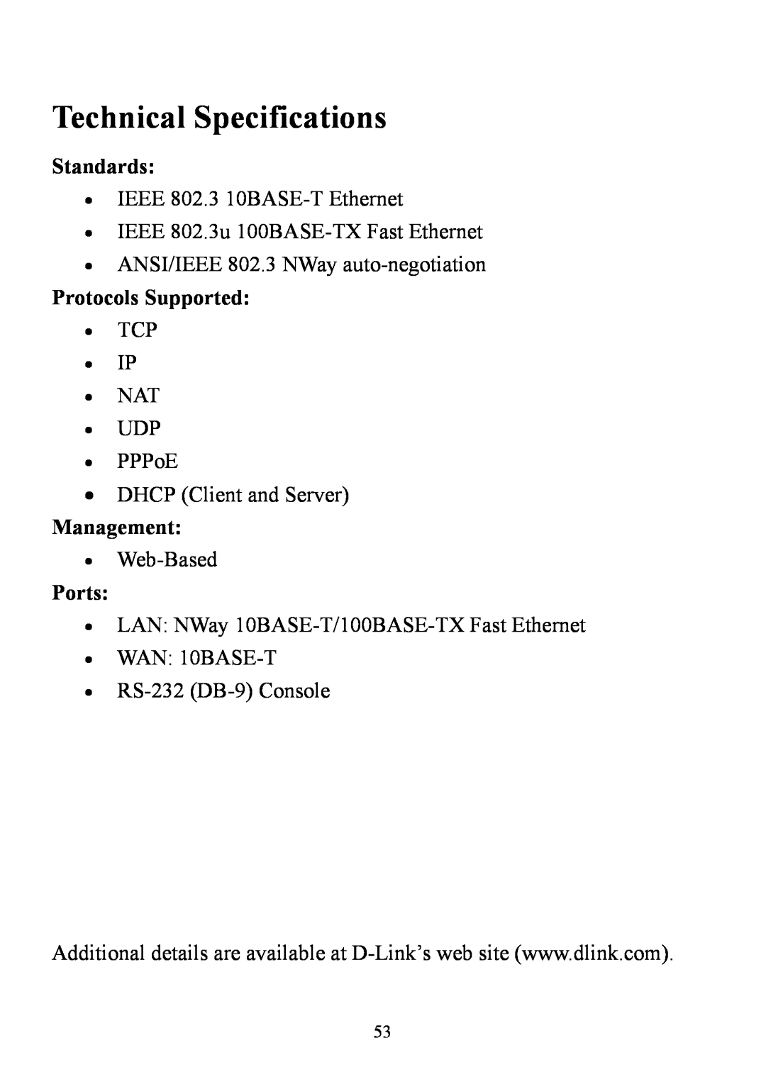 D-Link DI-714 user manual Technical Specifications, Standards, Protocols Supported, Management, Ports 