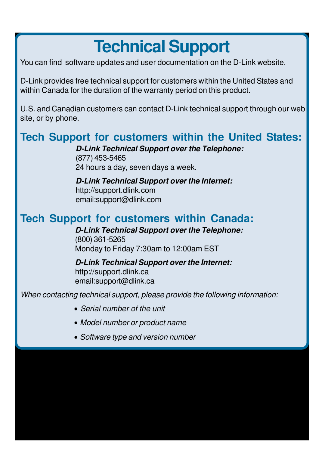 D-Link DI-714 Technical Support, Tech Support for customers within the United States, Software type and version number 