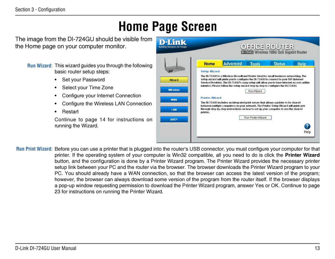 D-Link DI-724GU manual Home Page Screen 