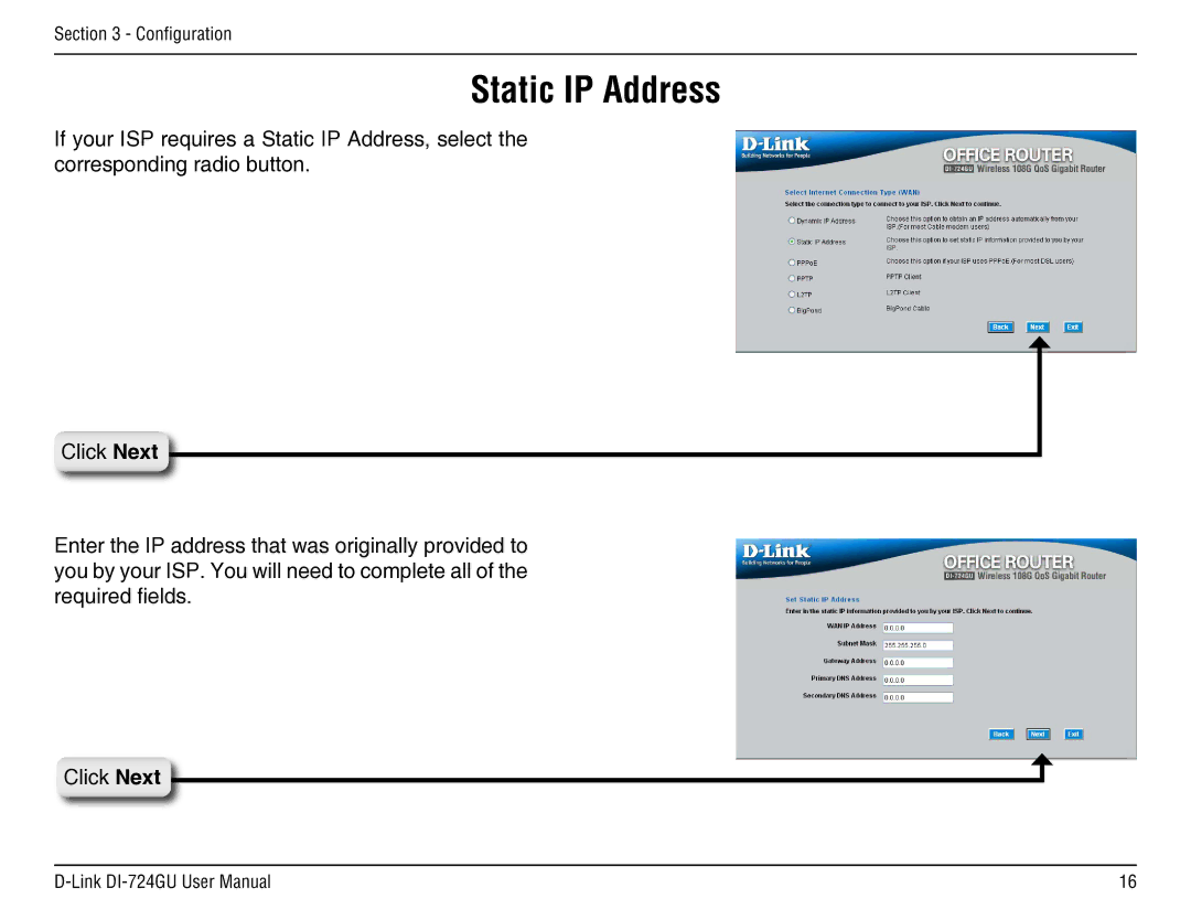 D-Link DI-724GU manual Static IP Address 