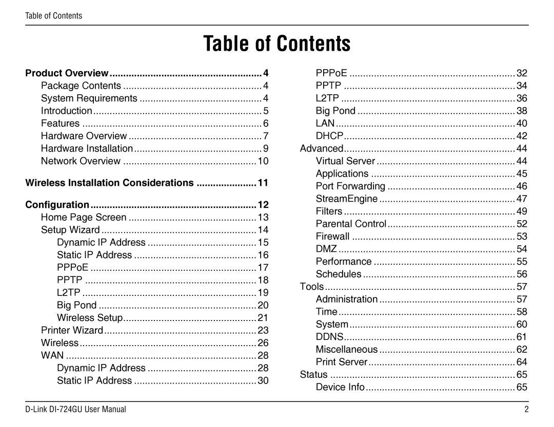 D-Link DI-724GU manual Table of Contents 