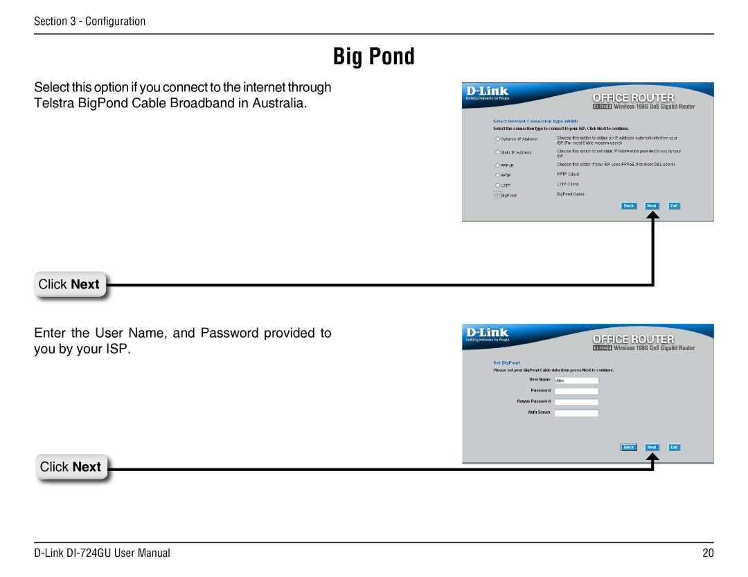 D-Link DI-724GU manual Big Pond 