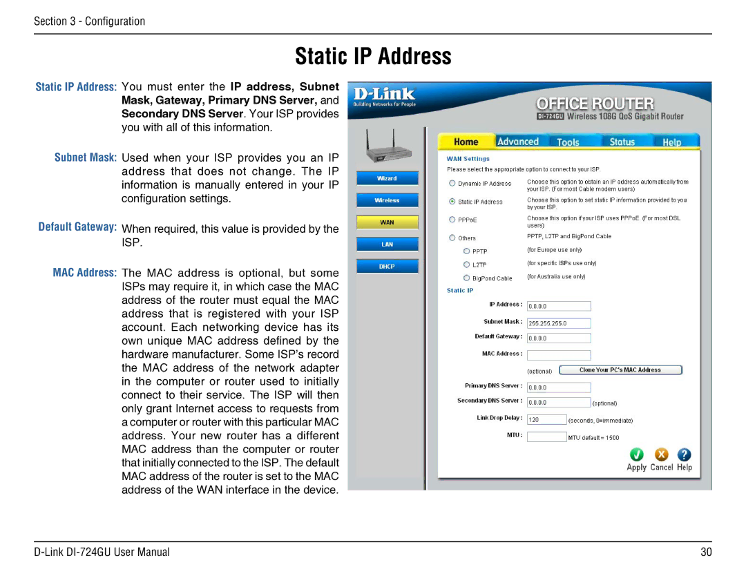 D-Link DI-724GU manual Subnet Mask, MAC Address 