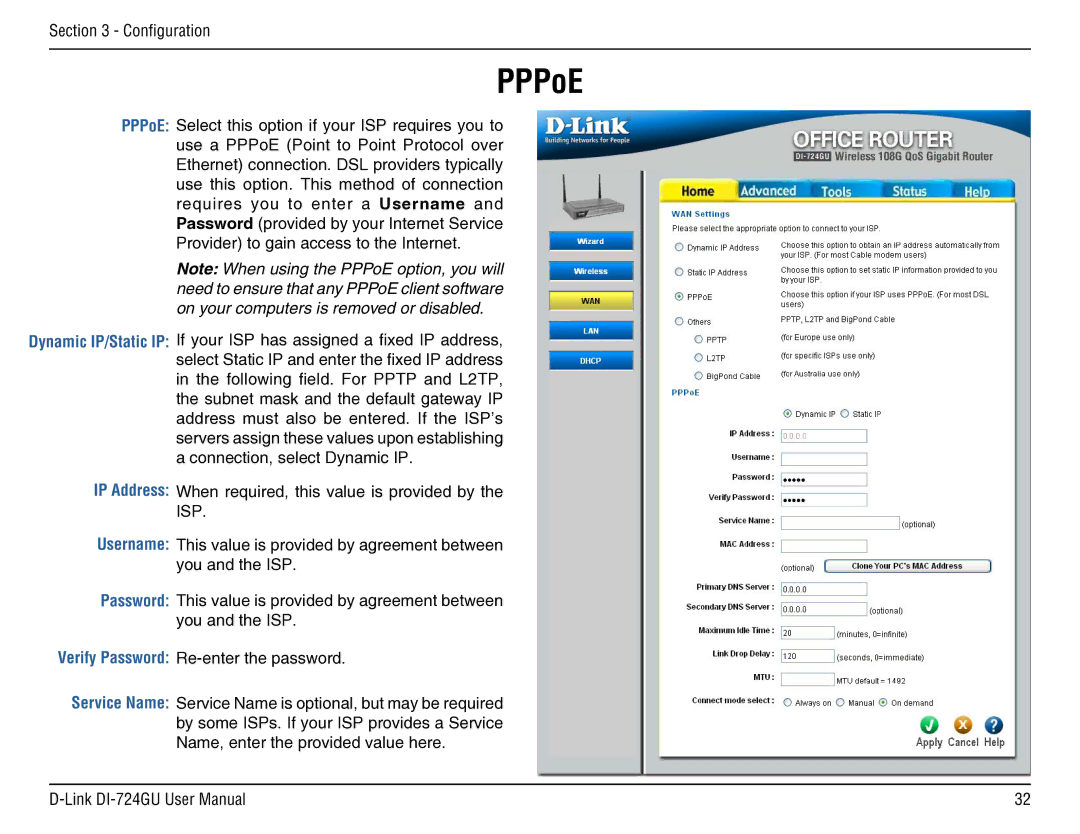 D-Link DI-724GU manual PPPoE, IP Address Username Password Verify Password Service Name 