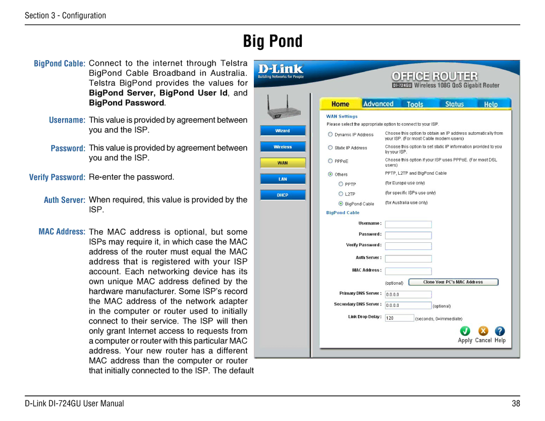 D-Link DI-724GU manual Big Pond 