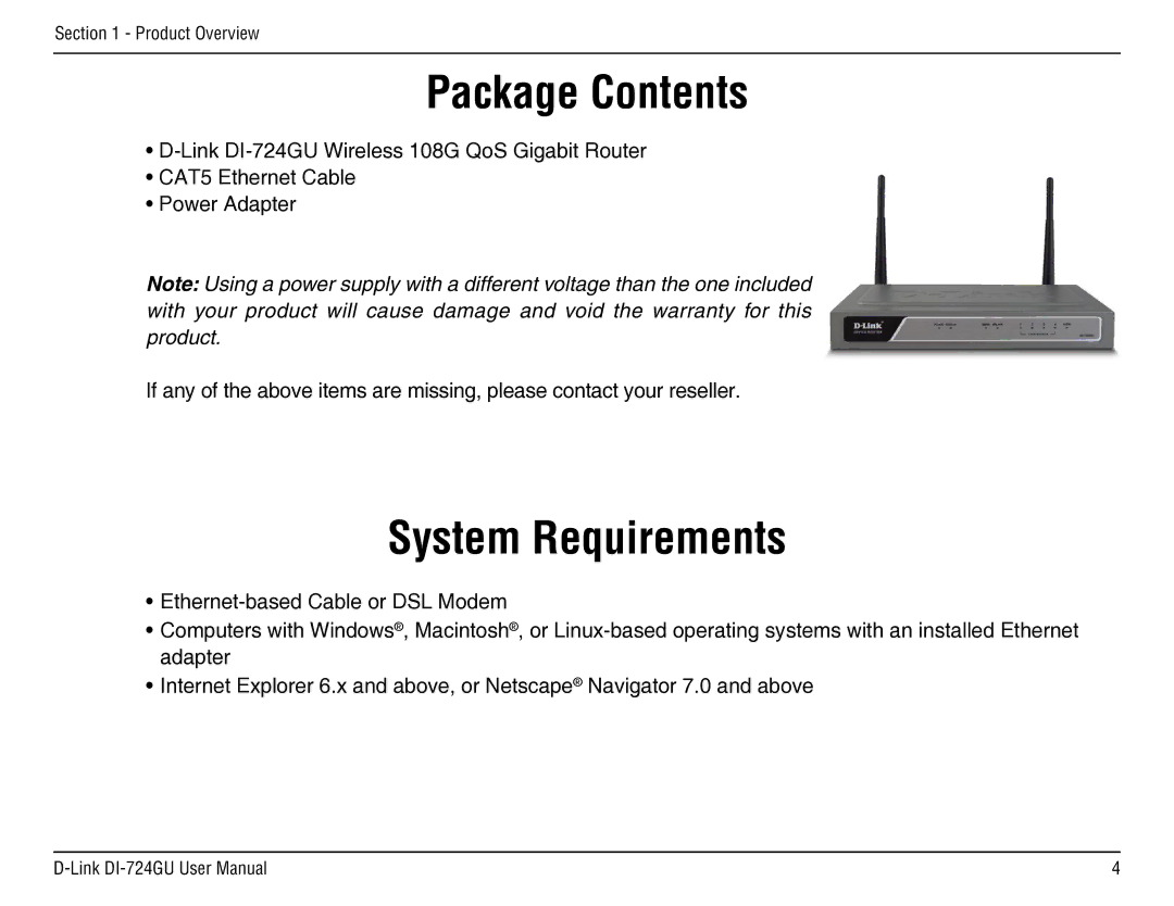 D-Link DI-724GU manual Package Contents, System Requirements 