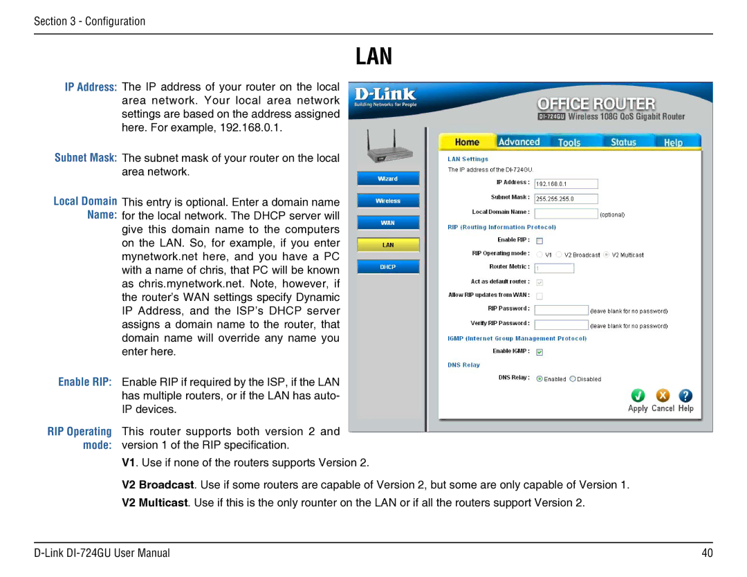 D-Link DI-724GU manual IP Address, Enable RIP 