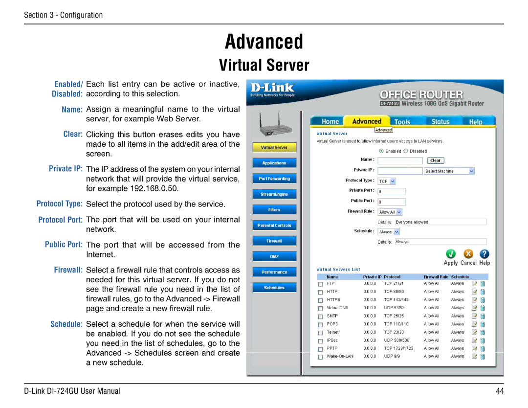 D-Link DI-724GU manual Advanced, Virtual Server 