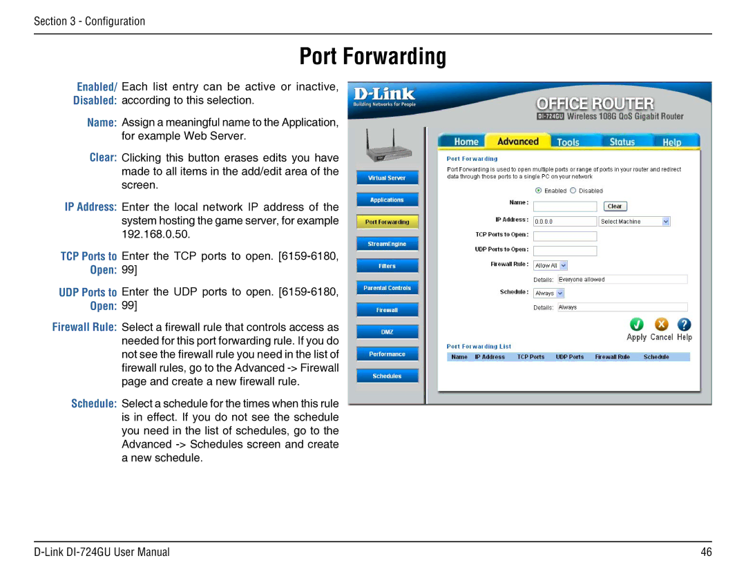 D-Link DI-724GU manual Port Forwarding, Open 