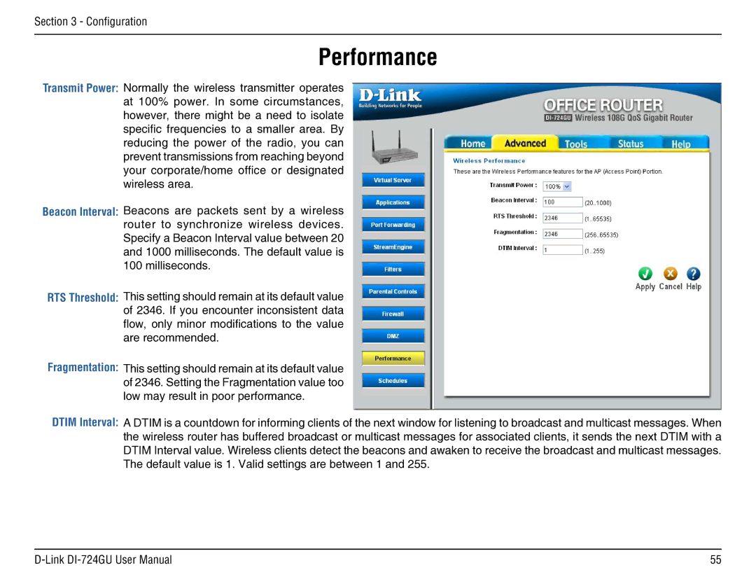 D-Link DI-724GU manual Performance, Dtim Interval 