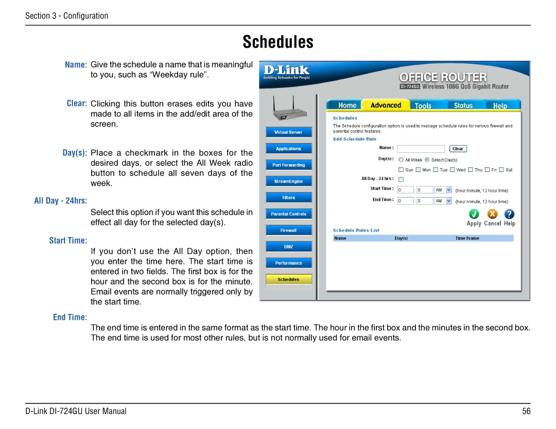 D-Link DI-724GU manual Schedules, All Day 24hrs, Start Time, End Time 