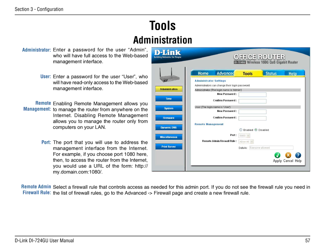 D-Link DI-724GU manual Tools, Administration, User, Port 