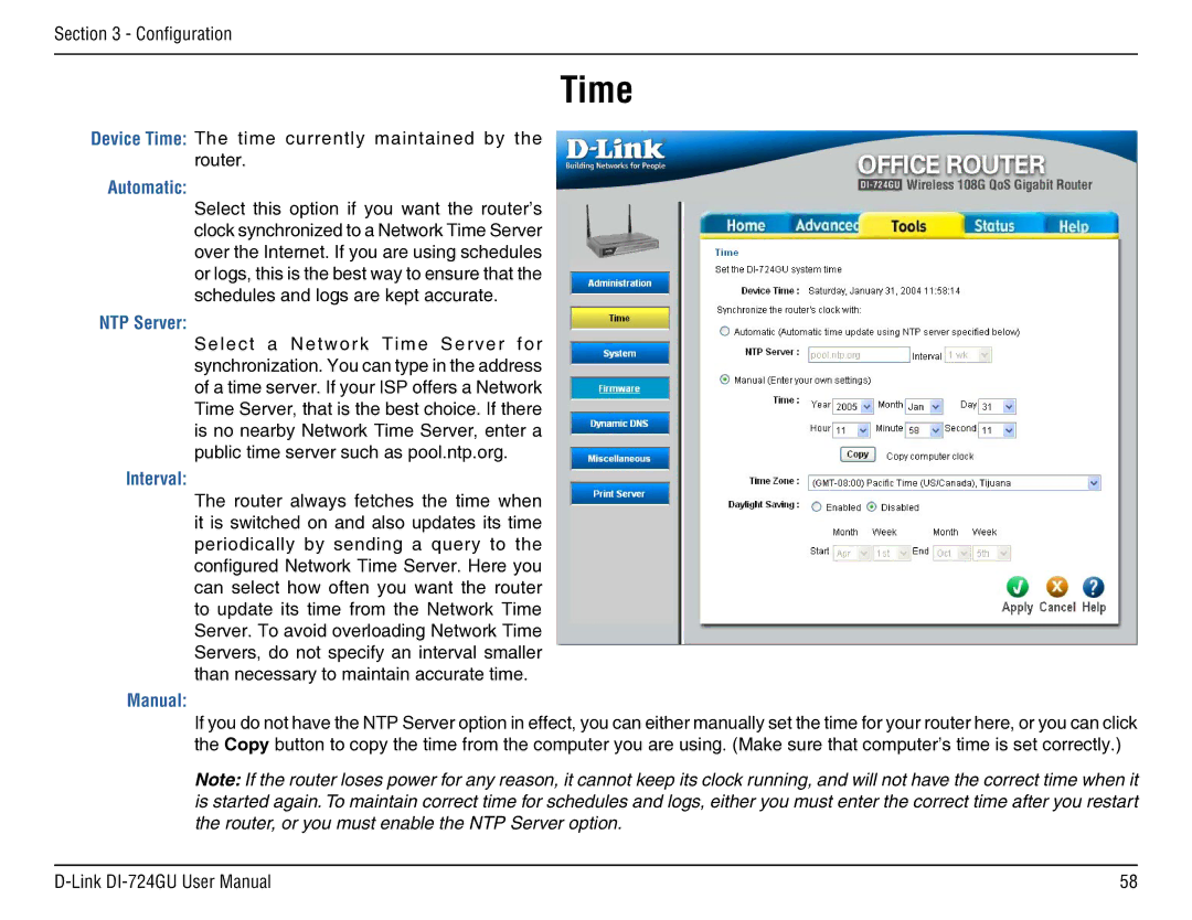 D-Link DI-724GU manual Time, Automatic, NTP Server, Interval, Manual 