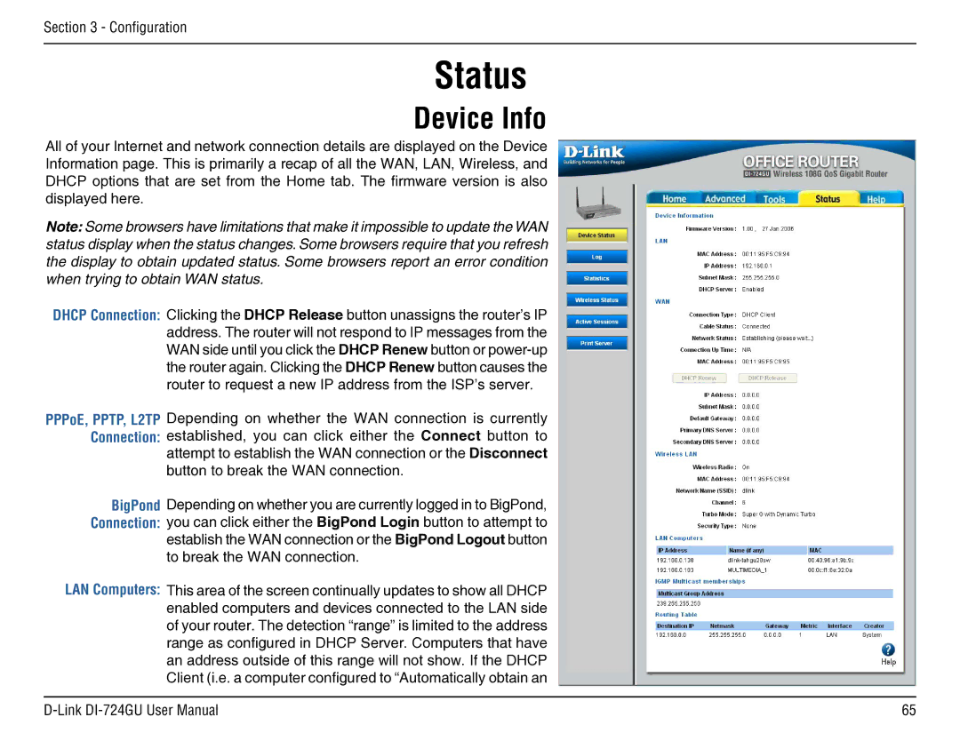 D-Link DI-724GU manual Status, Device Info 