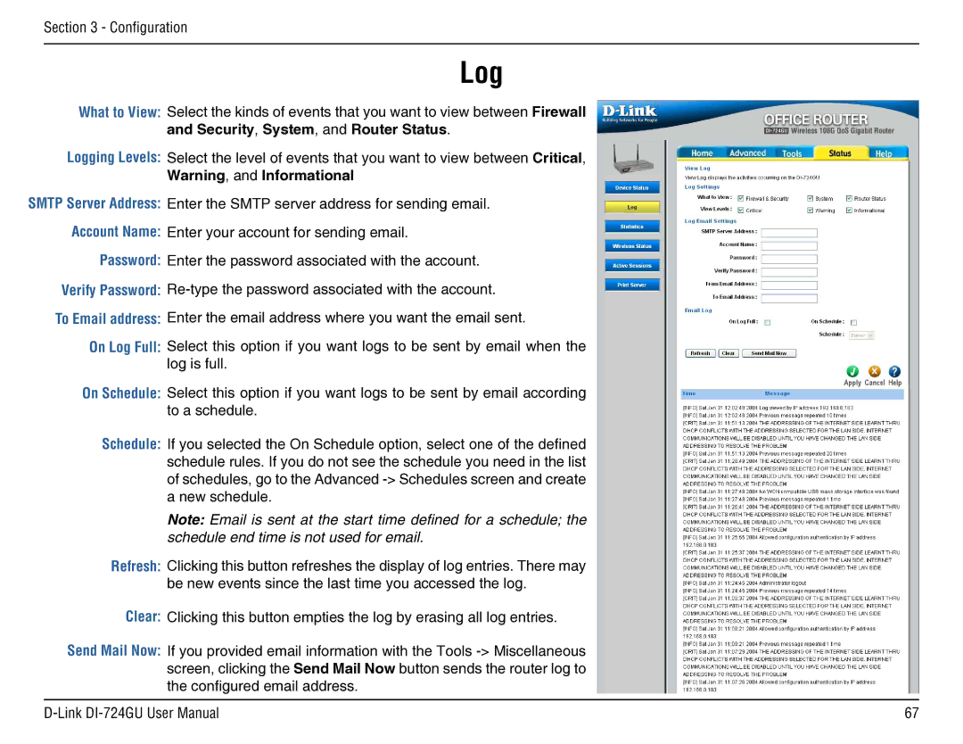 D-Link DI-724GU manual What to View Logging Levels, On Log Full On Schedule 