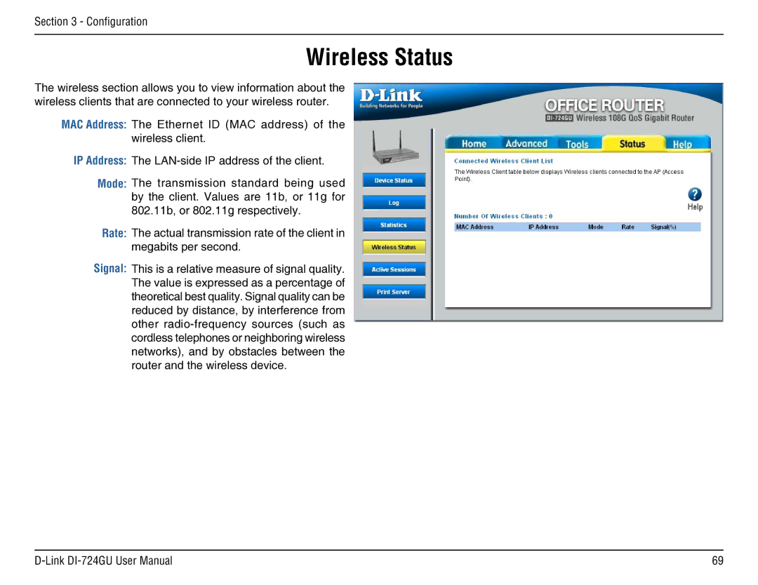 D-Link DI-724GU manual Wireless Status 