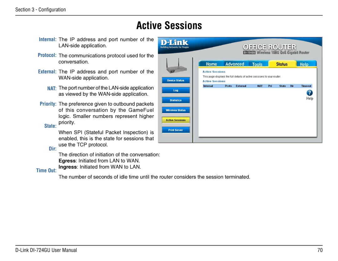 D-Link DI-724GU manual Active Sessions, Internal, Priority State Dir 