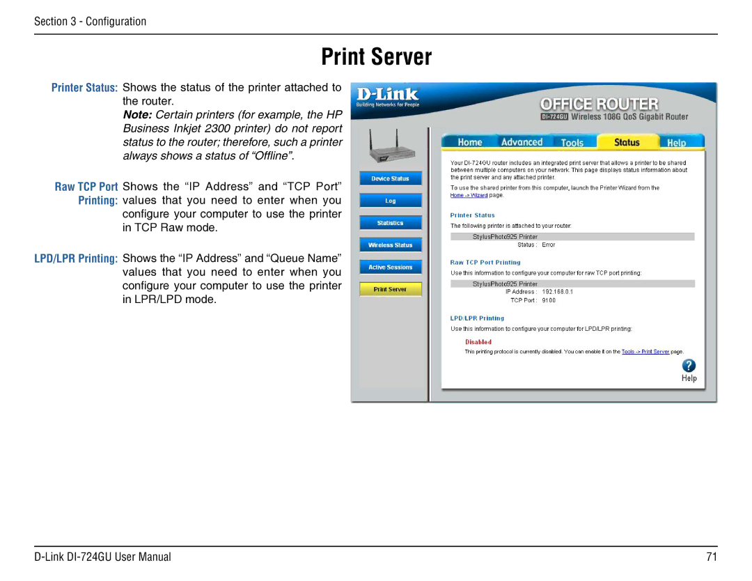 D-Link DI-724GU manual Print Server 