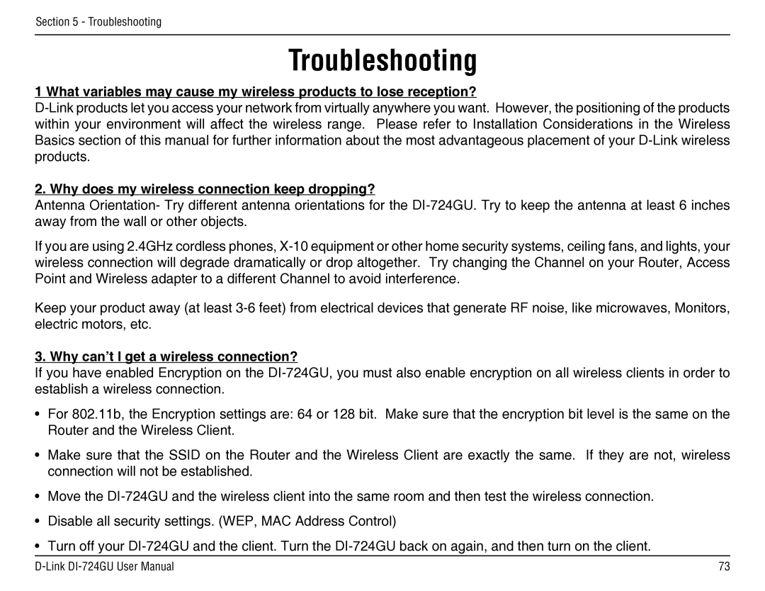 D-Link DI-724GU Troubleshooting, Why does my wireless connection keep dropping?, Why can’t I get a wireless connection? 