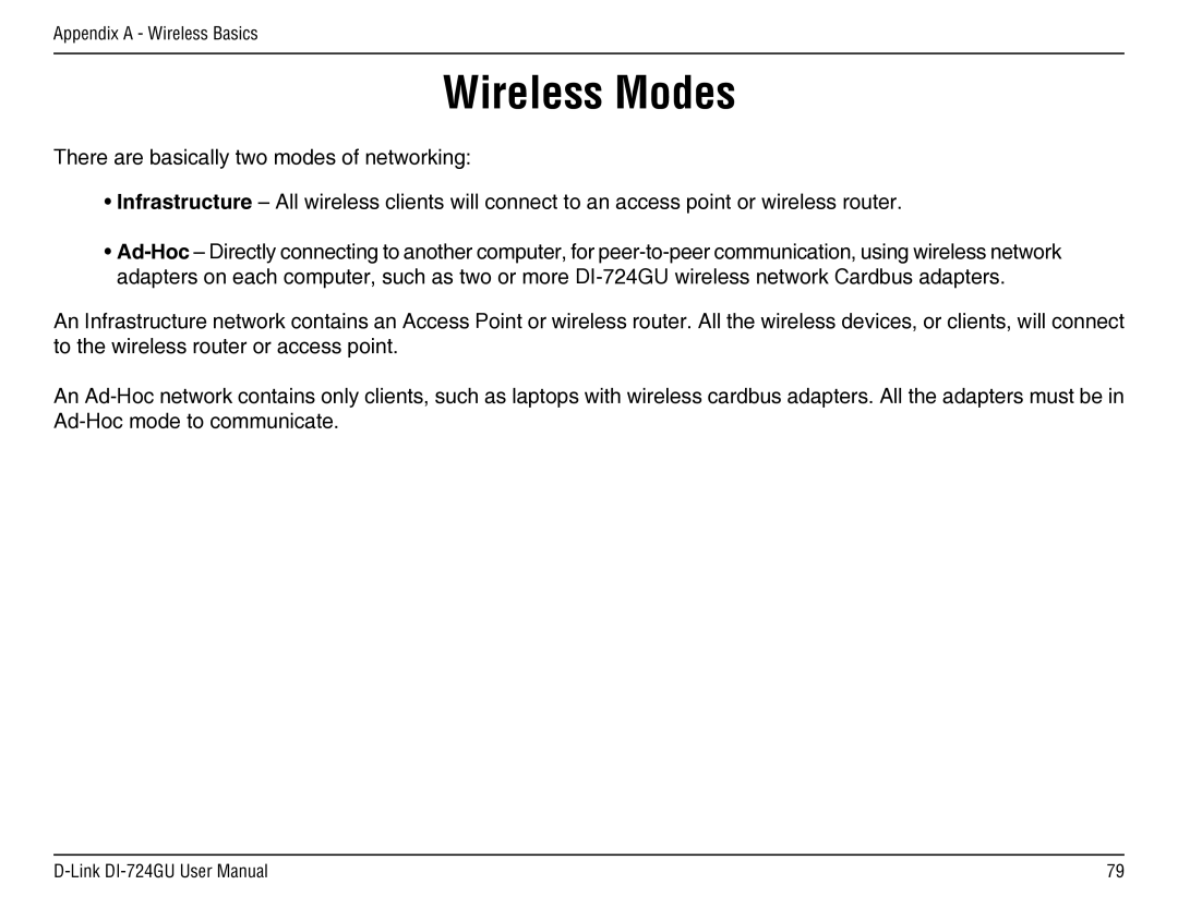 D-Link DI-724GU manual Wireless Modes 