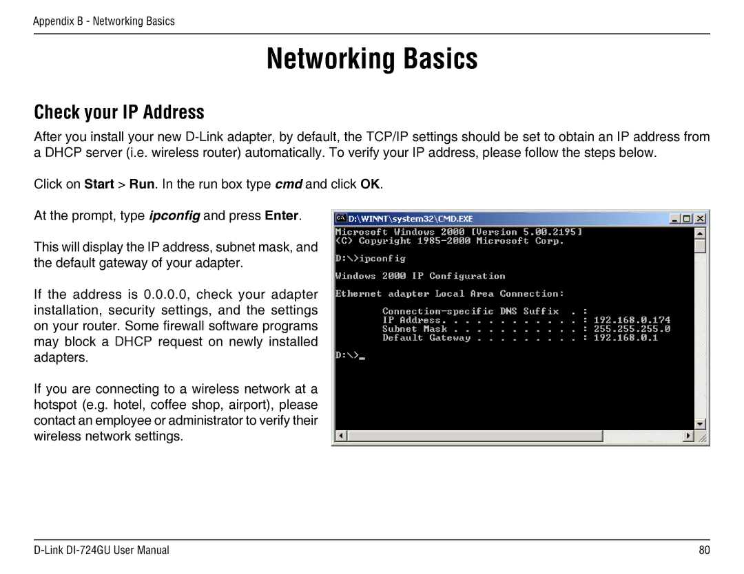 D-Link DI-724GU manual Networking Basics, Check your IP Address 