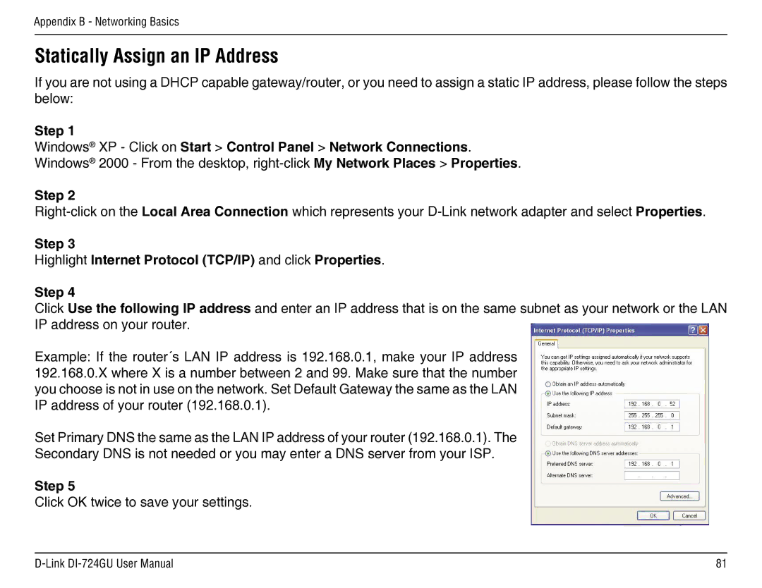 D-Link DI-724GU manual Step Highlight Internet Protocol TCP/IP and click Properties 