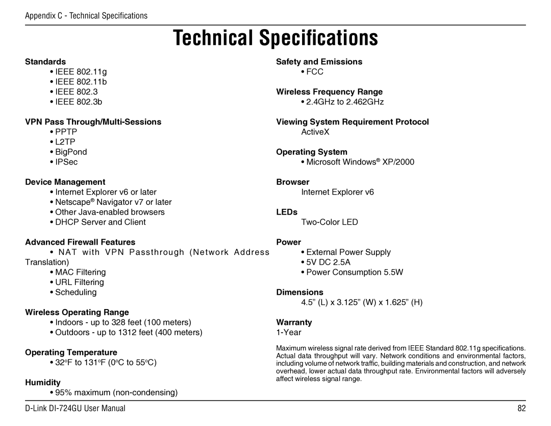 D-Link DI-724GU manual Technical Speciﬁcations, Device Management 