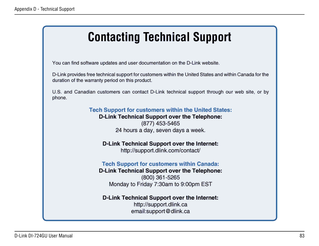 D-Link DI-724GU manual Contacting Technical Support, Link Technical Support over the Telephone 