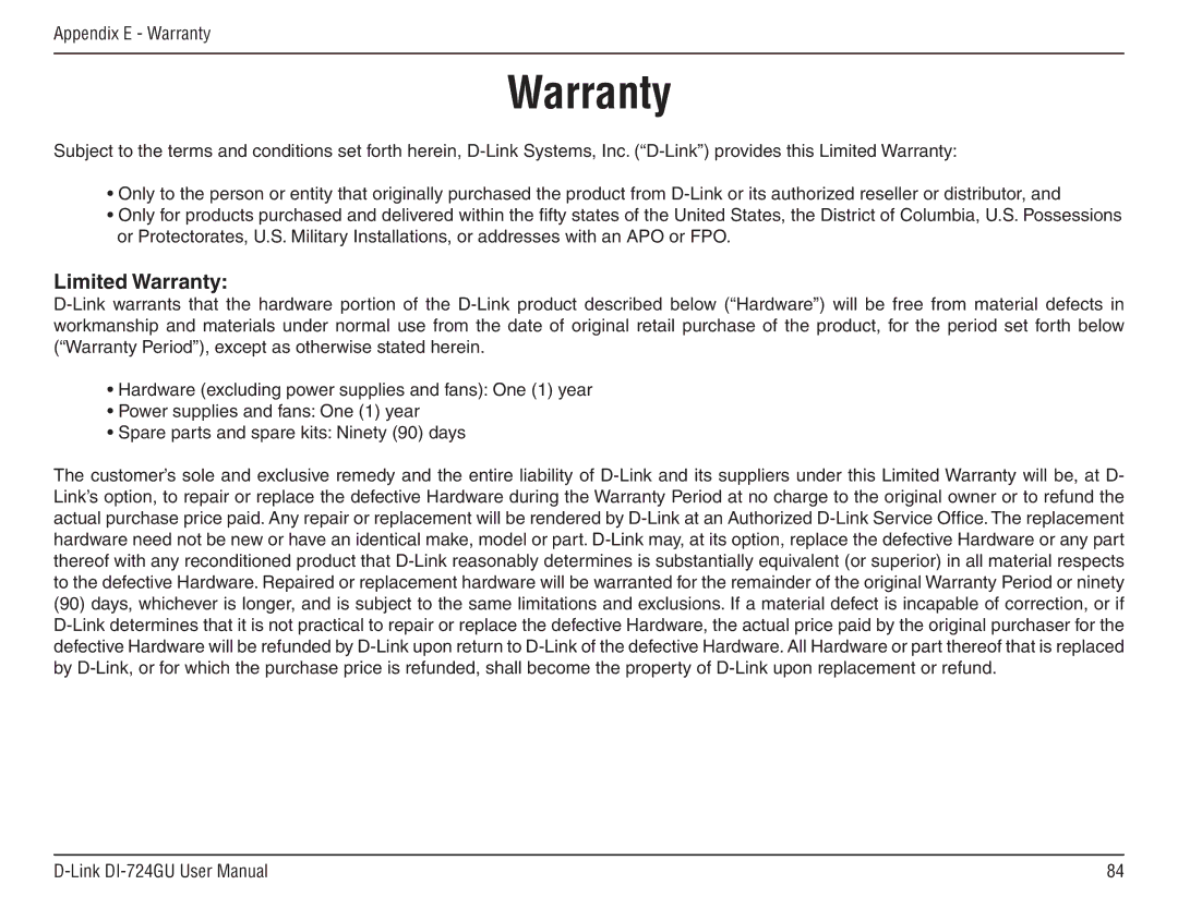 D-Link DI-724GU manual Limited Warranty 