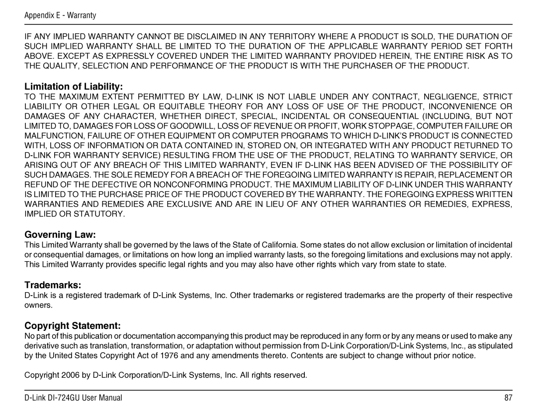 D-Link DI-724GU manual Limitation of Liability, Governing Law, Trademarks, Copyright Statement 