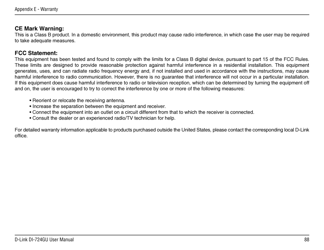 D-Link DI-724GU manual CE Mark Warning, FCC Statement 