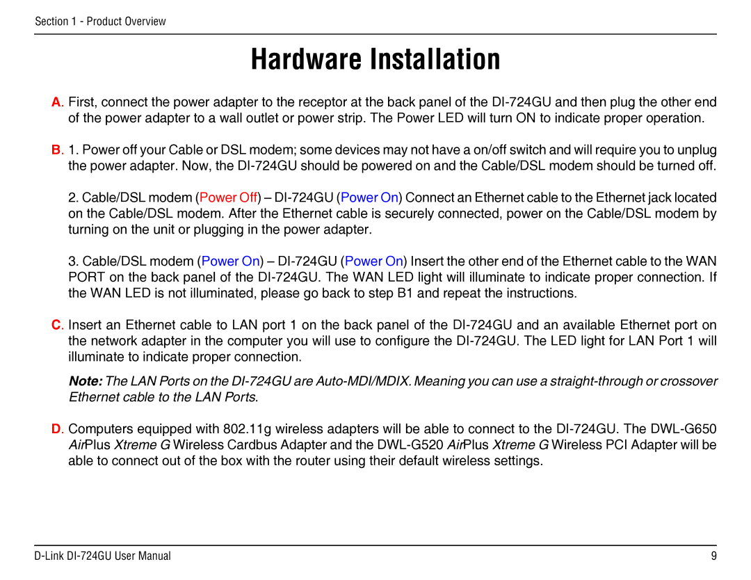 D-Link DI-724GU manual Hardware Installation 