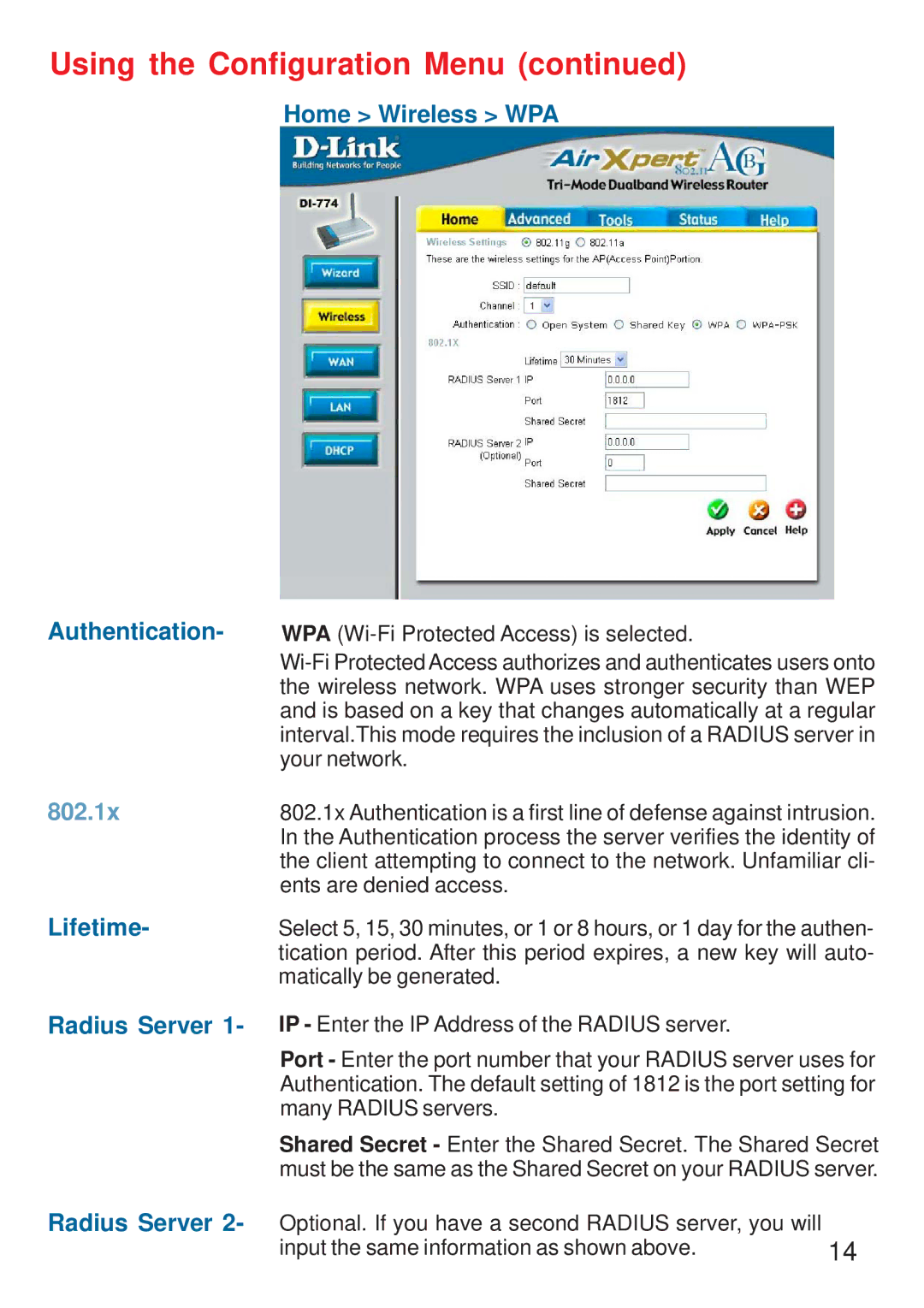 D-Link DI-774 manual Home Wireless WPA Authentication, Lifetime, Radius Server 