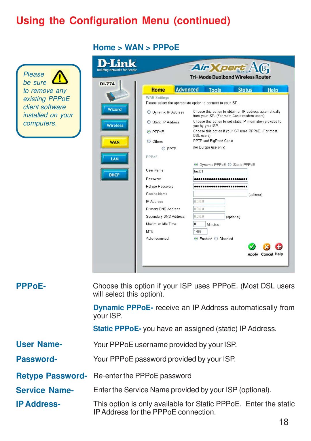 D-Link DI-774 manual Home WAN PPPoE, User Name, Password, Service Name, IP Address 