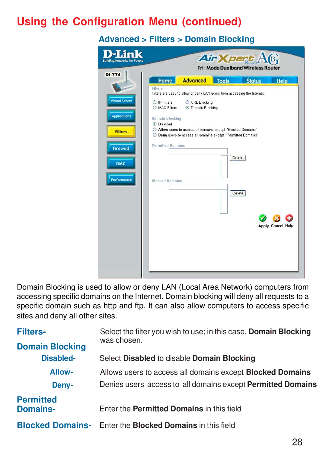 D-Link DI-774 manual Advanced Filters Domain Blocking, Permitted Domains, Blocked Domains 