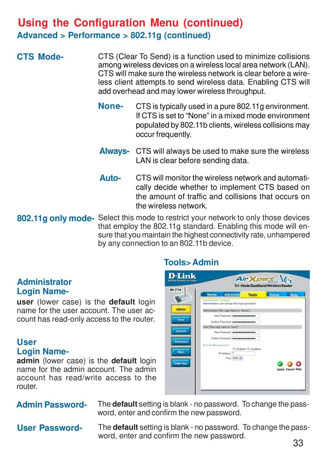 D-Link DI-774 Advanced Performance 802.11g CTS Mode, None, Auto, Tools Admin Administrator Login Name, User Login Name 