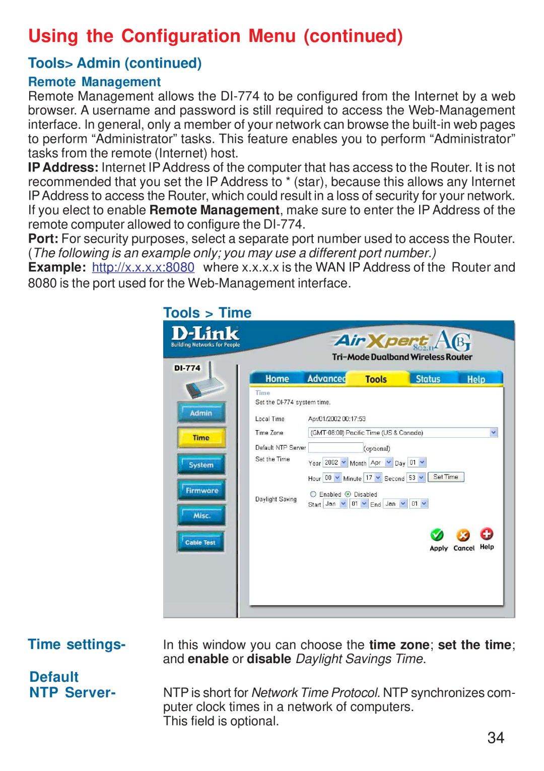 D-Link DI-774 manual Tools Admin, Tools Time, Default 