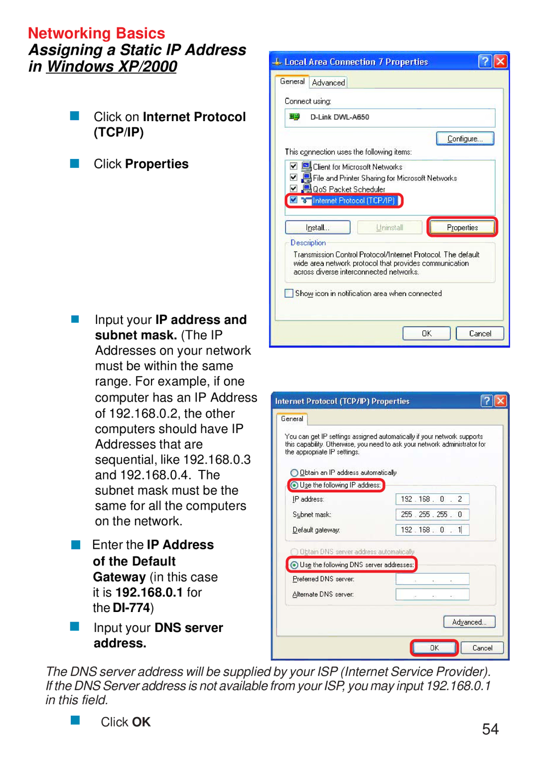 D-Link DI-774 manual Assigning a Static IP Address Windows XP/2000 