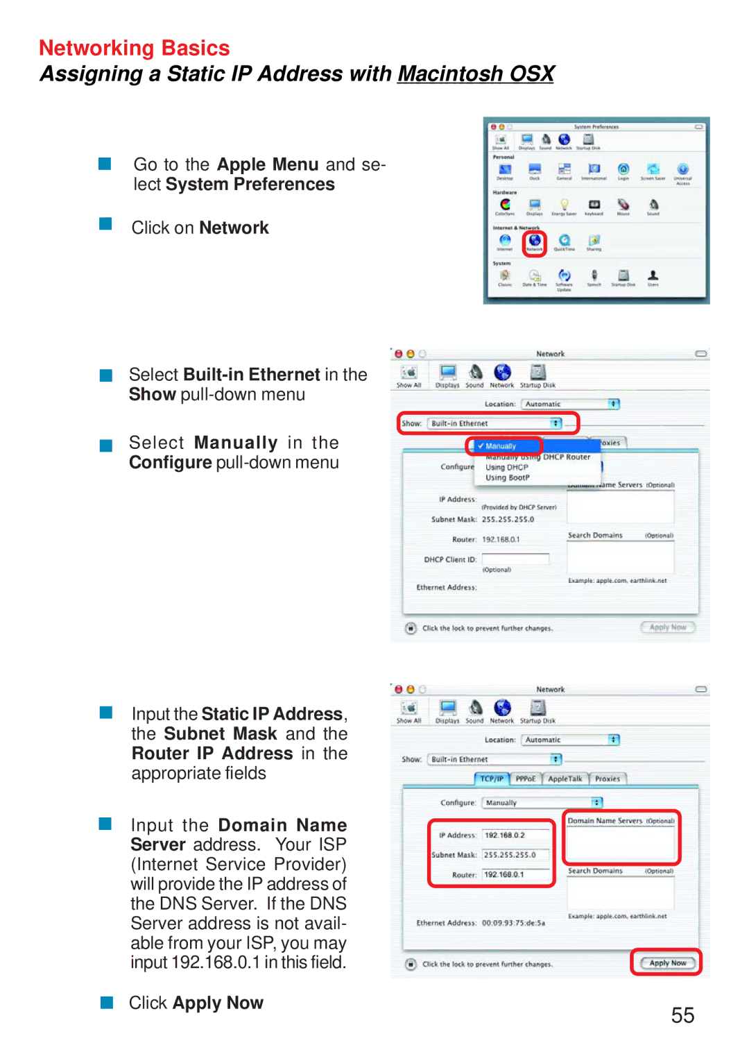 D-Link DI-774 manual Assigning a Static IP Address with Macintosh OSX 