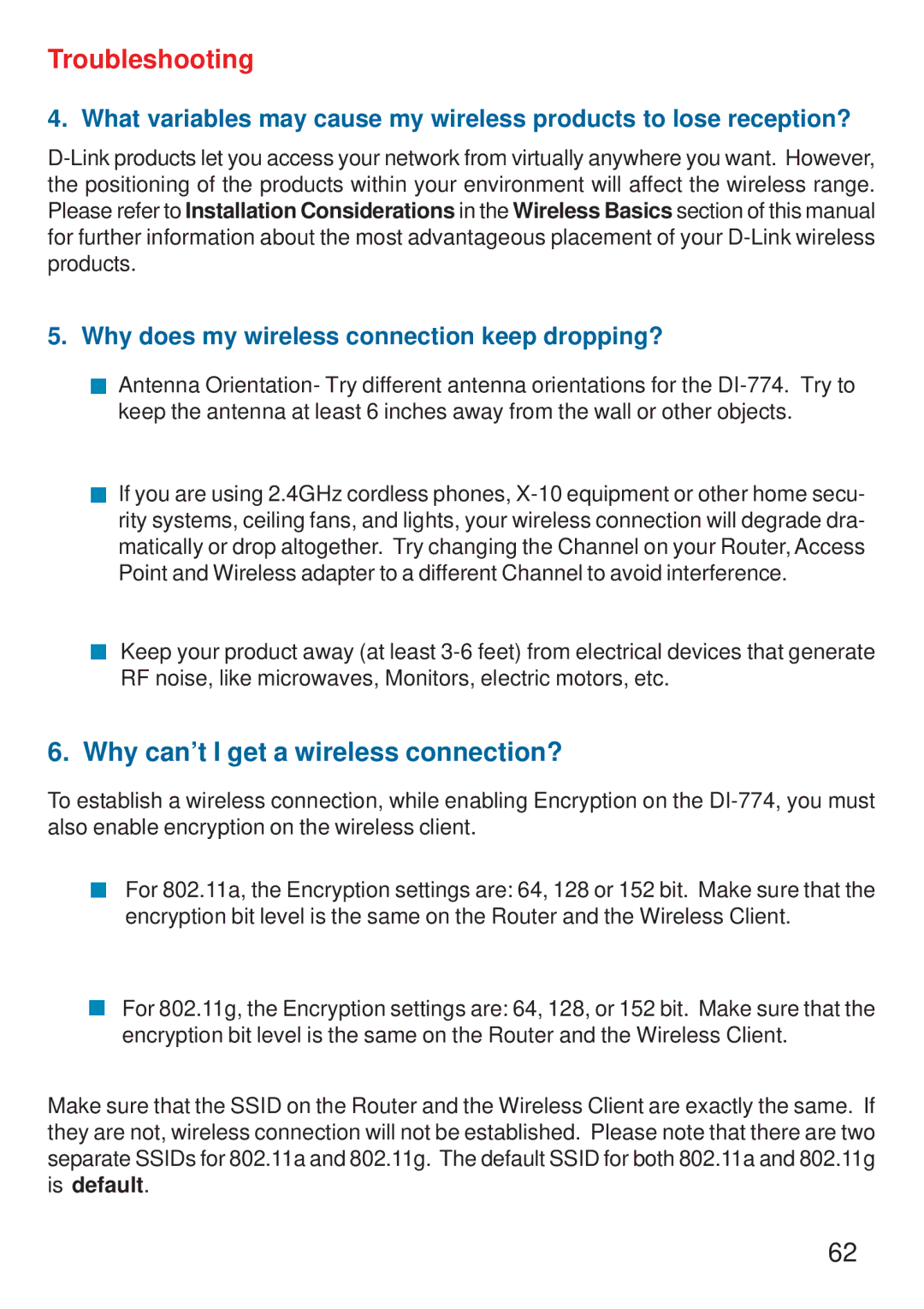 D-Link DI-774 manual Why can’t I get a wireless connection?, Why does my wireless connection keep dropping? 