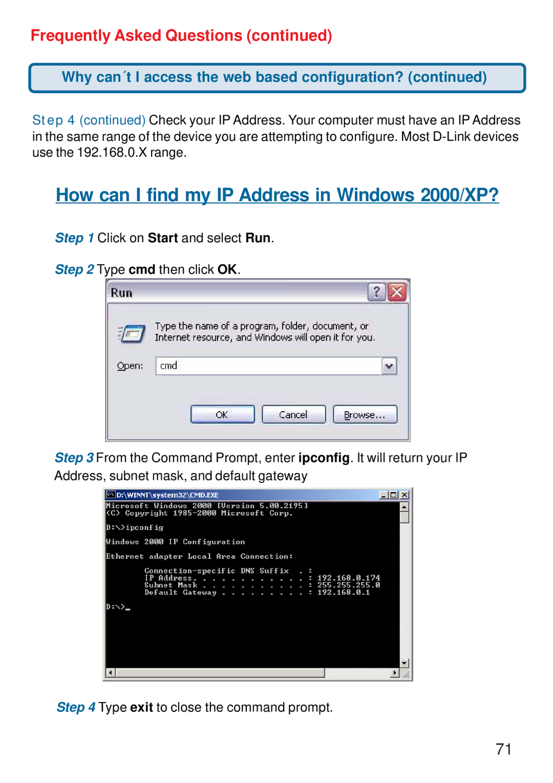 D-Link DI-774 manual How can I find my IP Address in Windows 2000/XP? 