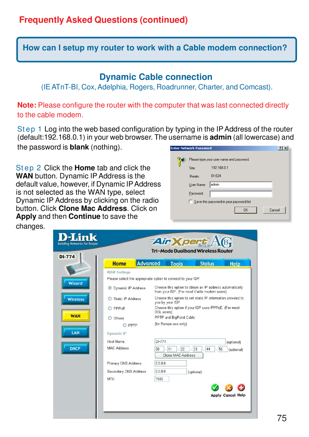 D-Link DI-774 manual Dynamic Cable connection 