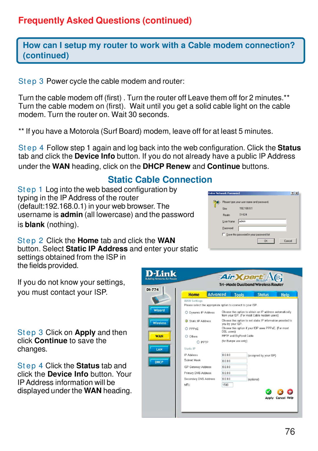 D-Link DI-774 manual Static Cable Connection 