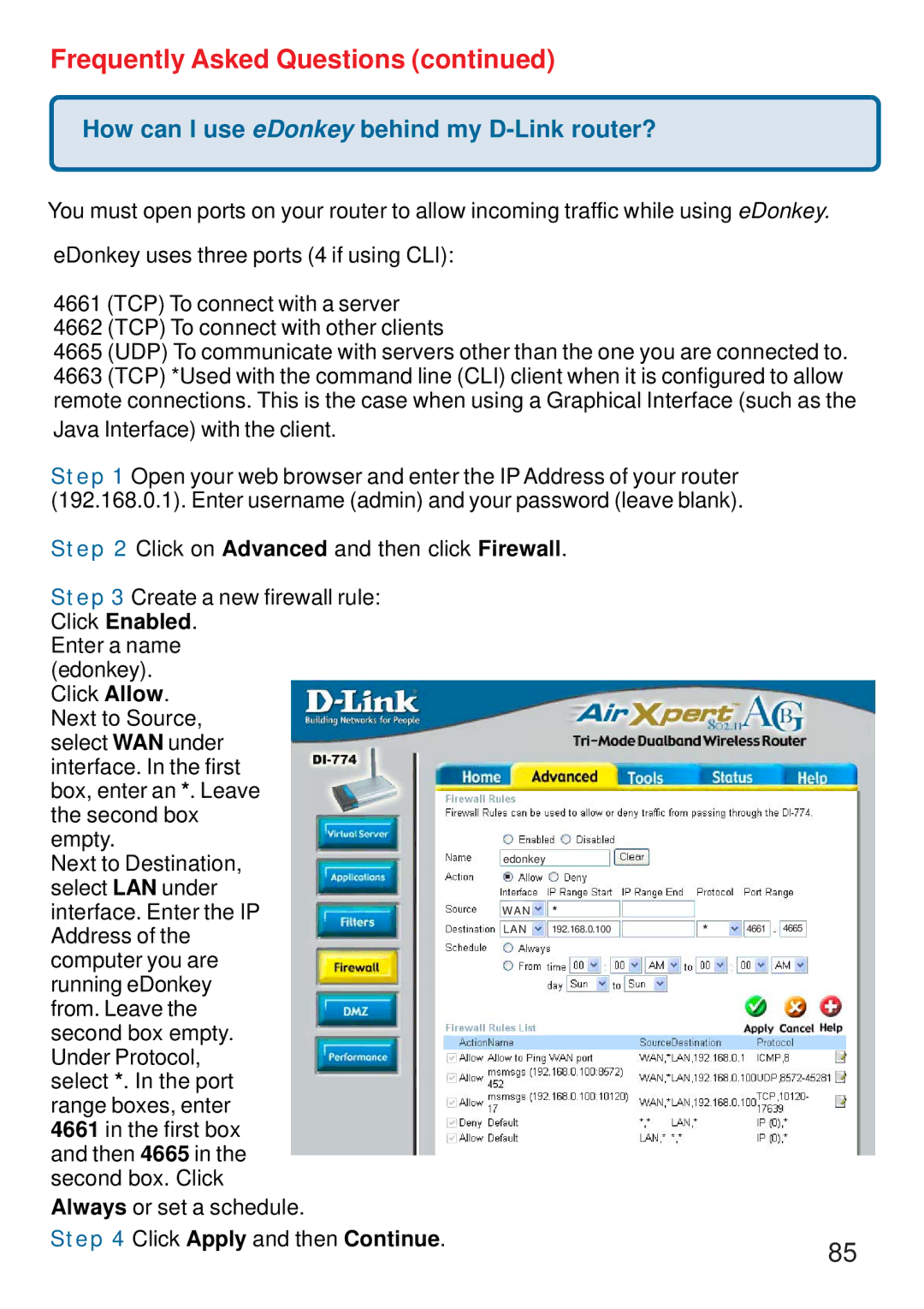 D-Link DI-774 manual How can I use eDonkey behind my D-Link router?, Firewall 