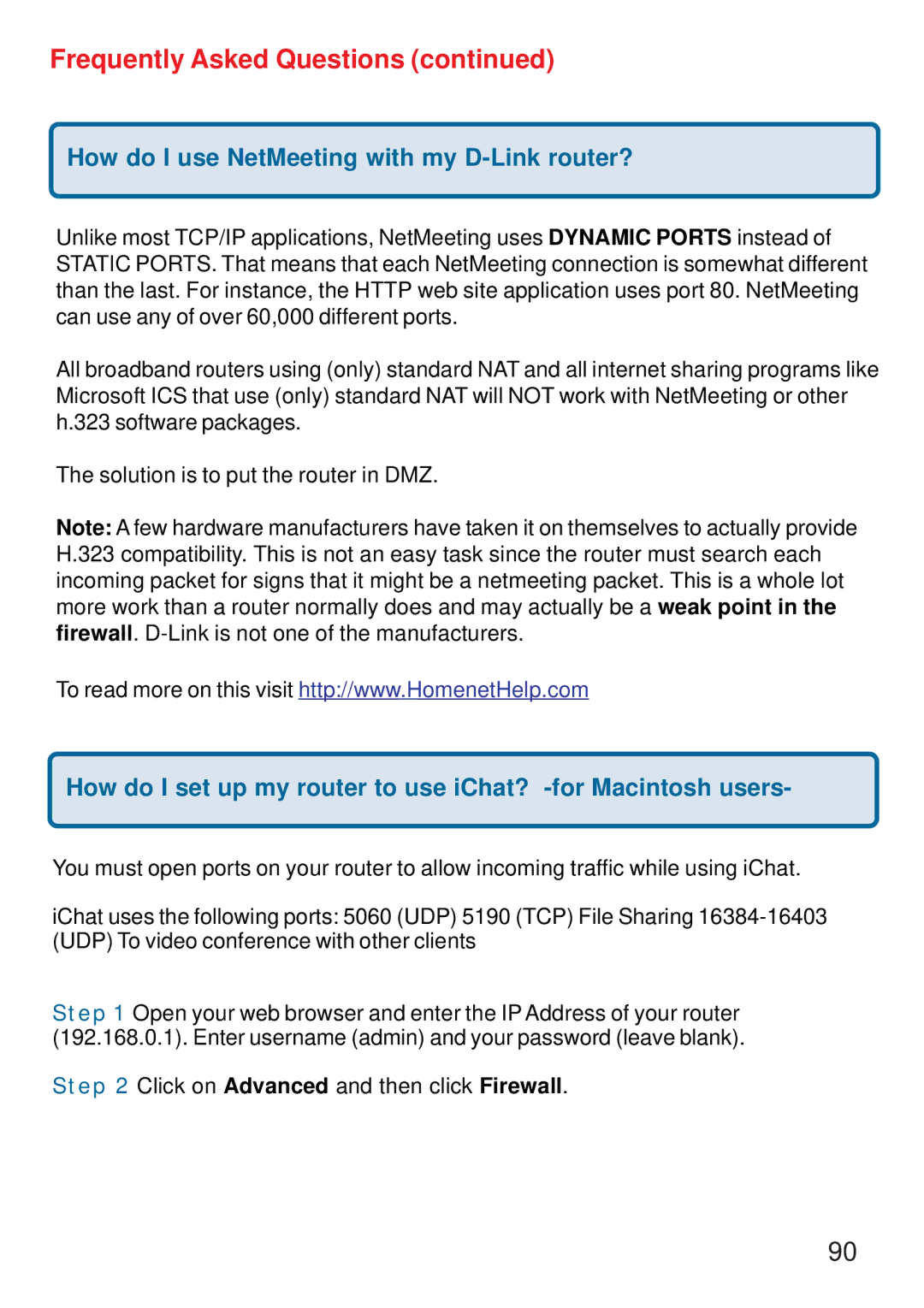 D-Link DI-774 How do I use NetMeeting with my D-Link router?, How do I set up my router to use iChat? -for Macintosh users 