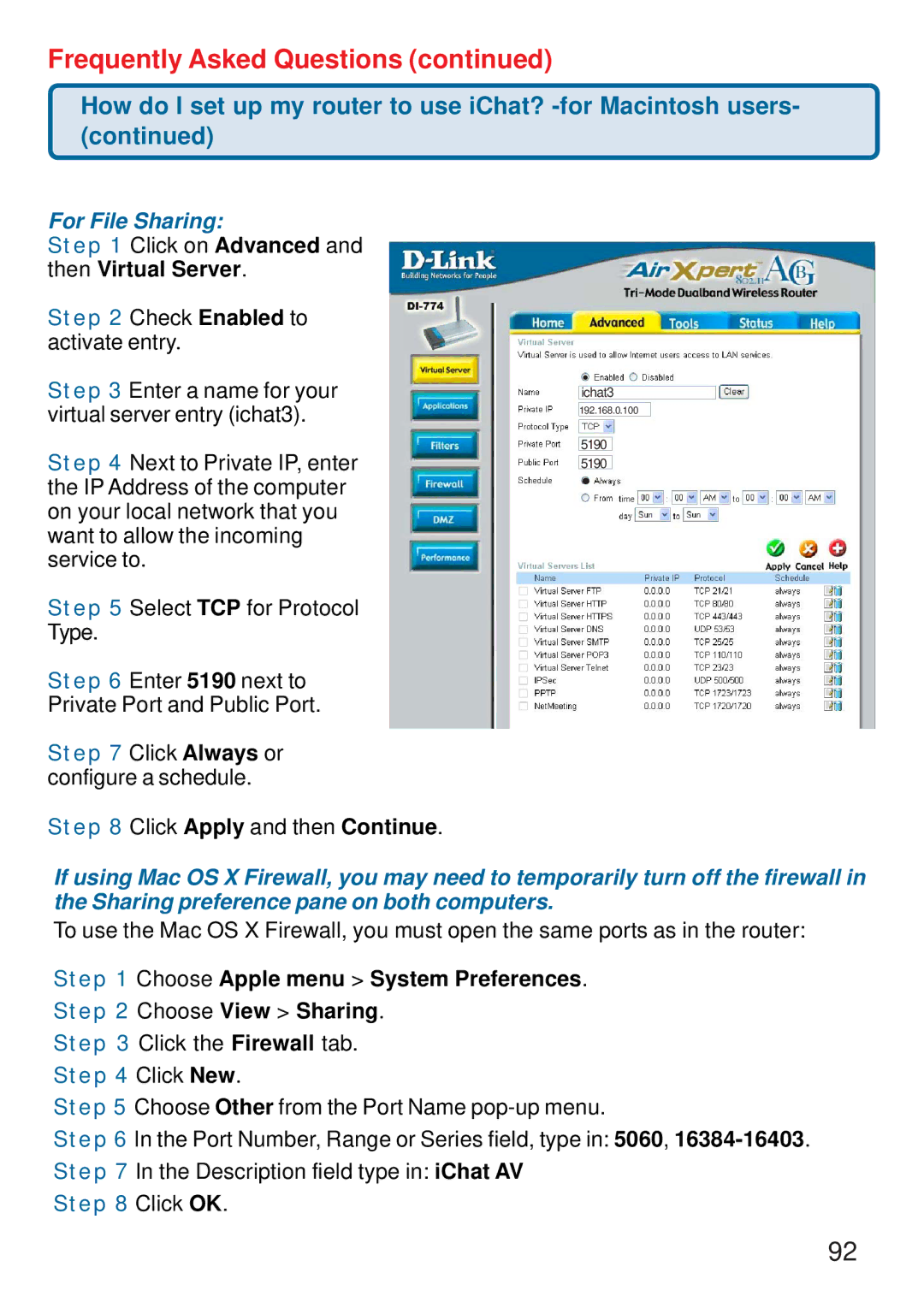 D-Link DI-774 manual Then Virtual Server, Choose Apple menu System Preferences Choose View Sharing 